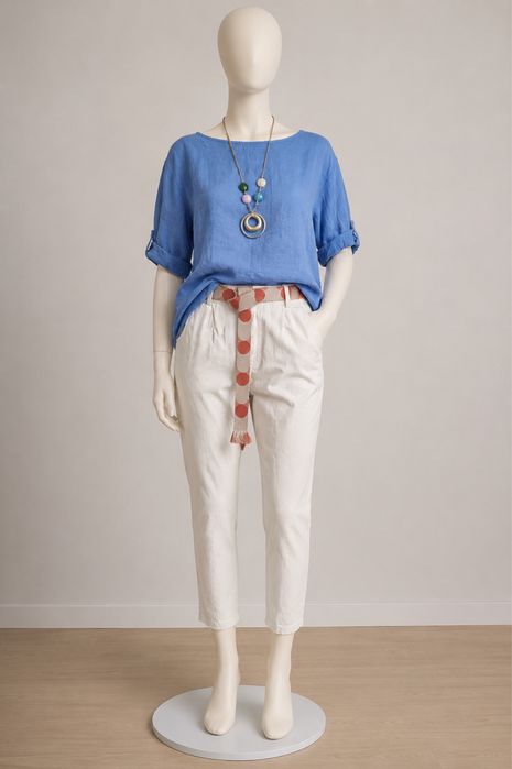 Set pantaloni albi elastici cu camasa vaporoasa de vara