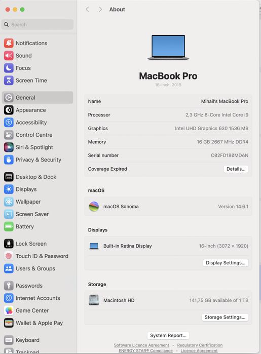 Macbook Pro 16” 2019 Touch bar i9 1TB Space Grey