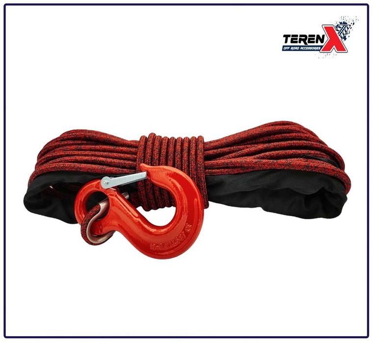 Șufă sintetică dublă 12mm x 28m pentru troliu, cu cârlig și protecție