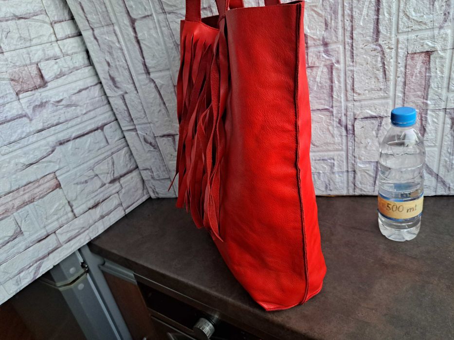 дамска кожена чанта,оранжева торба с ресни-естествена кожа