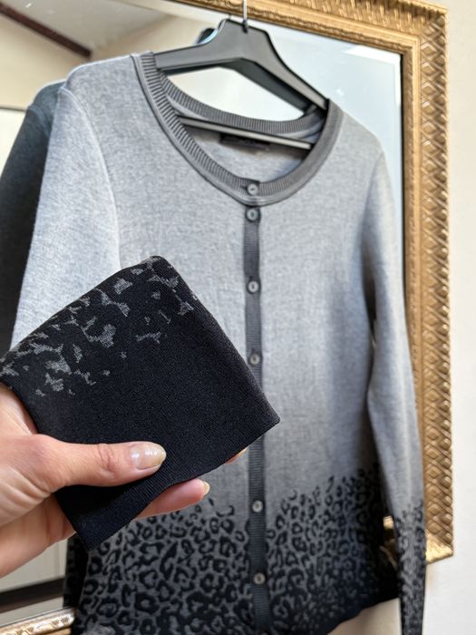 Marc Cain, premium, 100% lână super-fină, gri & negru, pulover (cardigan)