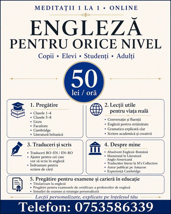 Meditații online la limba engleză – orice nivel – 50 lei/oră