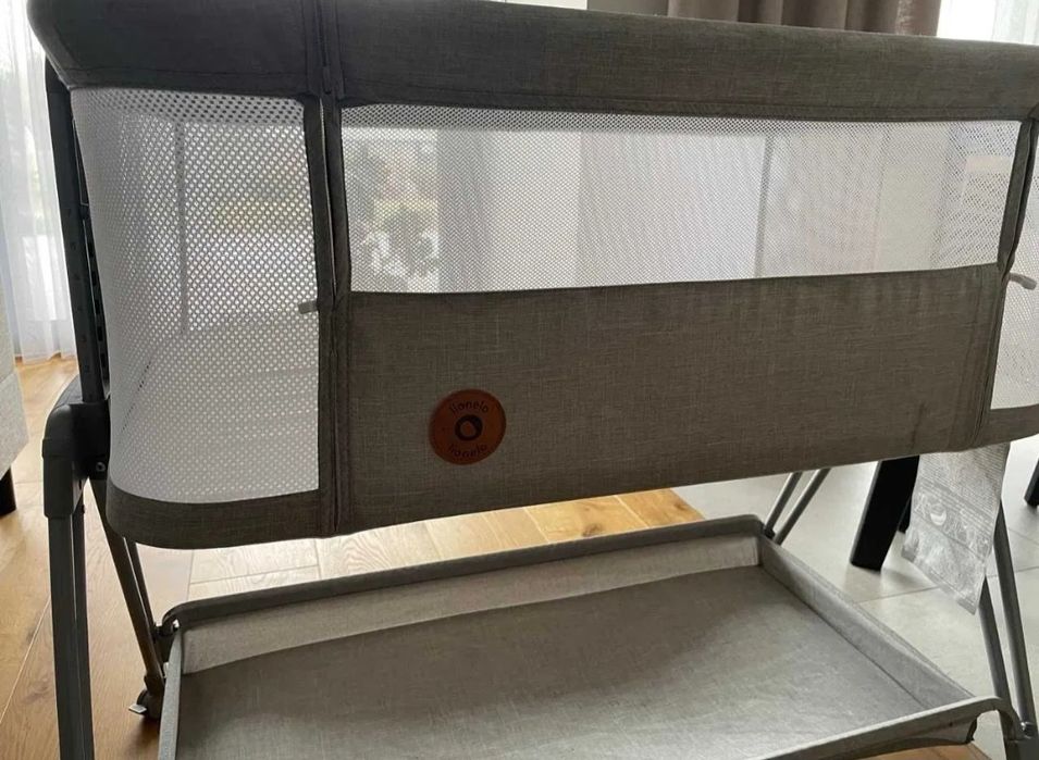 Patut co sleeper Lionelo Luna 2 in 1 gri + saltea cocos + 2 lenjerii