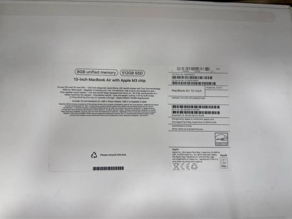 Macbook air M3/8/512/ful box