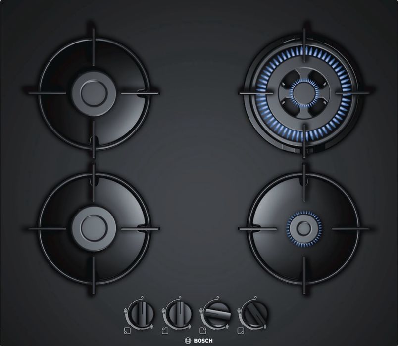 Plita incorporabila Bosch PNH6B6B10, Gaz 4 arzatoare, Arzator economic, Arzator wok, 60 cm, Sticla cuart negru
