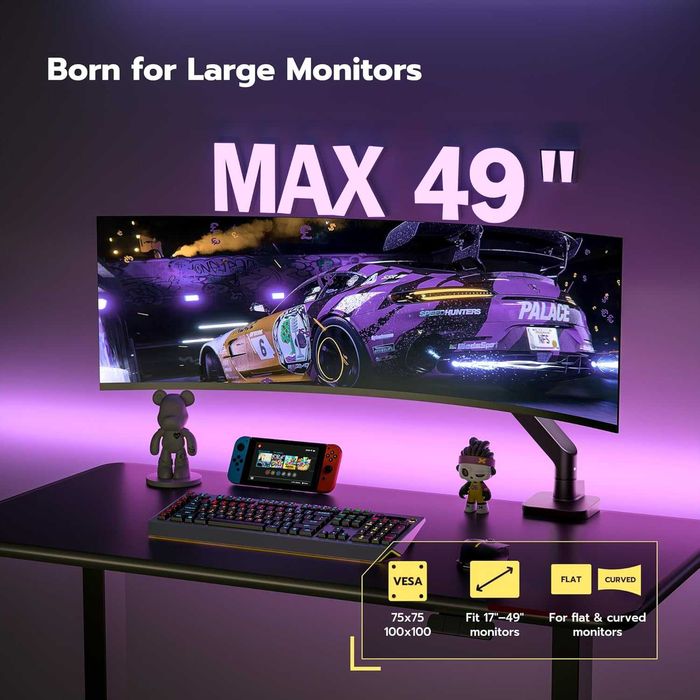 ARES WING Единично рамо за монитор от 17" до 49", черно, до 20 кг