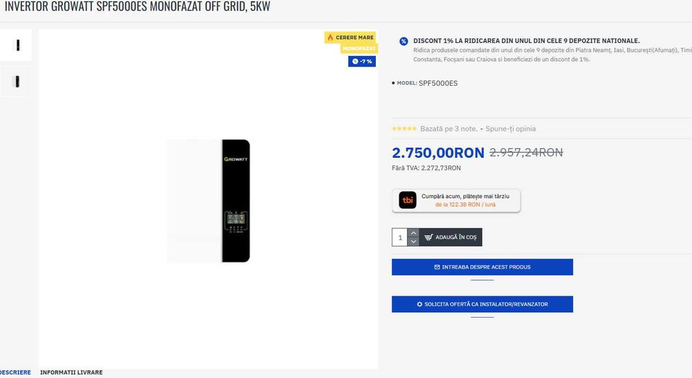 Invertor Solar Growatt SPF 5000 ES, 5kW, 48V, Off-Grid/Hibrid – NOU