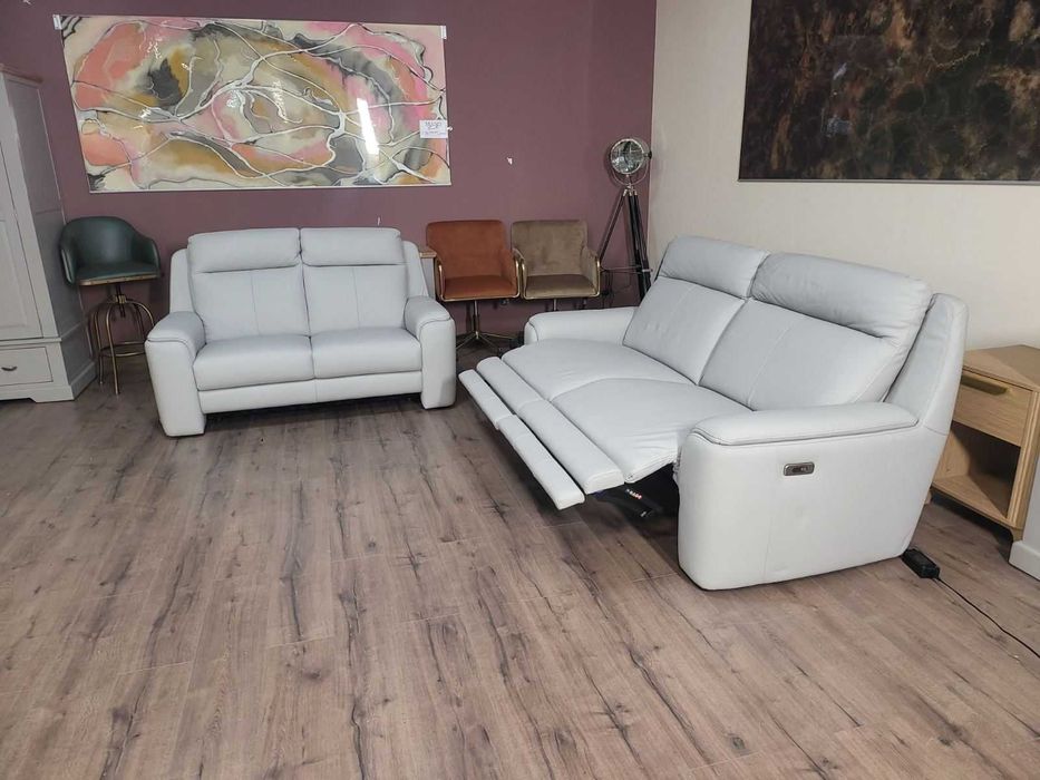 Италиански сив кожен комплект дивани тройка и двойка с ел. релакс