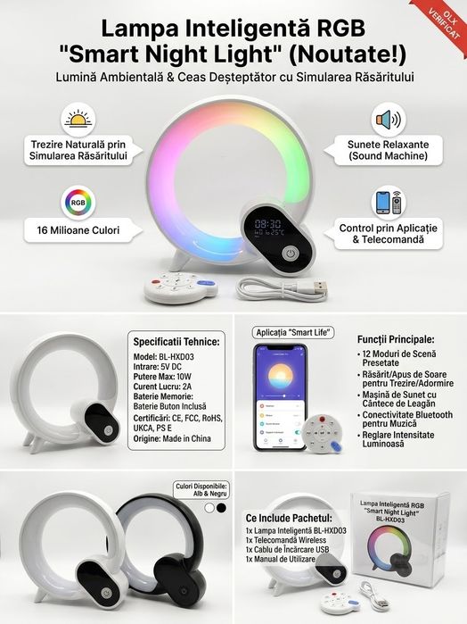 Lampă Inteligentă RGB 4-în-1 | Ceas, Alarmă Răsărit, Sunete Relaxante | Control Telefon (Nouă)