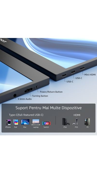 Monitor Portabil 15.6'', Panou IPS, FHD 1920×1080, 16:9, Yodoit,