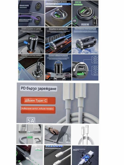 :Бързо зарядно  к-т кабел Tape C за телефон/таблет/ навигация за запал