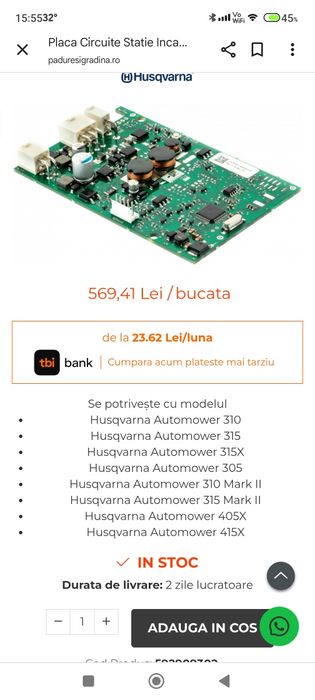 Placa circuit Husqvarna pt statie de incarcare robot gazon