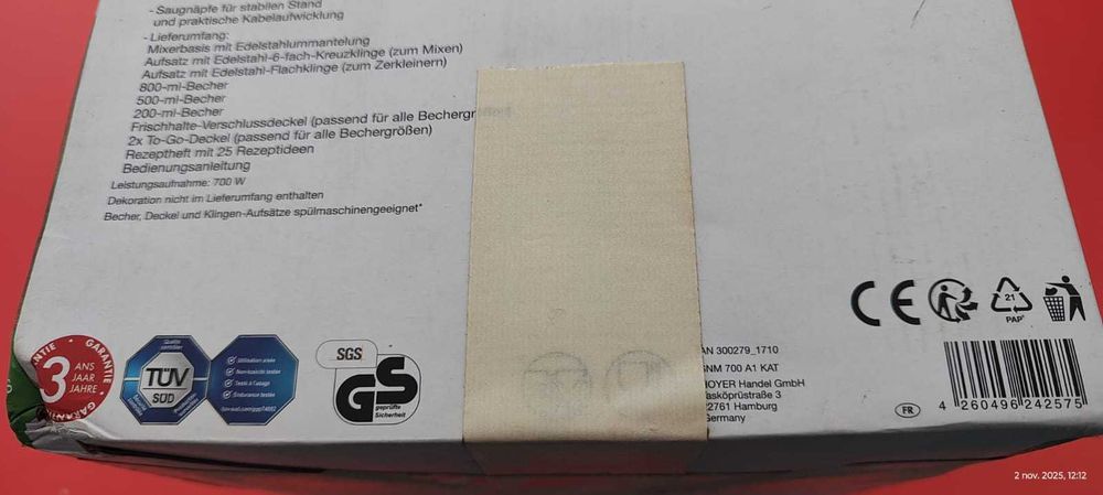 Blender, smoothie, SilverCrest, putere 700W,made in Germany, nefolosit