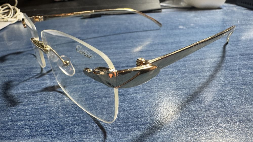Rame ochelari vedere frameless aurii tip panthere de cartier soare