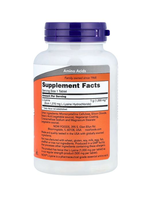 Supliment Alimentar Now Foods L-Lysine 1000mg 100 Tables, Sigilat