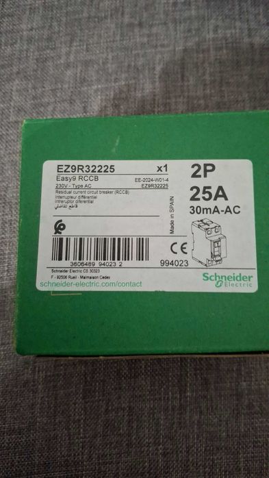 Дефектнотокова защита, 2Р, 25А, 30mA, EZ9R32225 Schneider