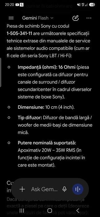 Difuzor sony 16 ohmi