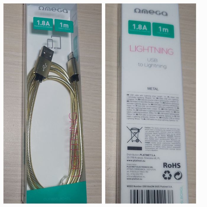 Cablu Omega lightning, metal, 1.8A, 1 m, auriu