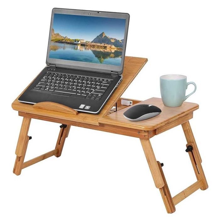 Masa pentru laptop din bambus cu sertar si orificii ventilatie 50x30cm