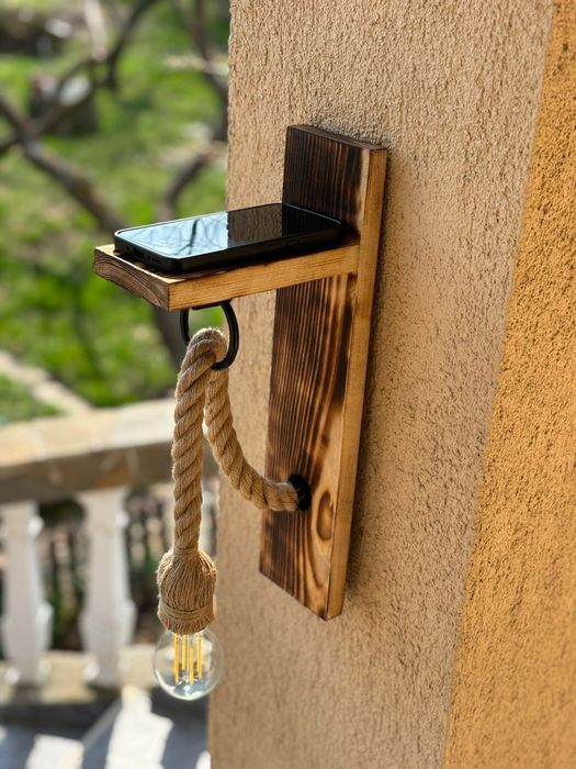 Aplica rustica lemn handmade, finisaj antichizat, suport telefon