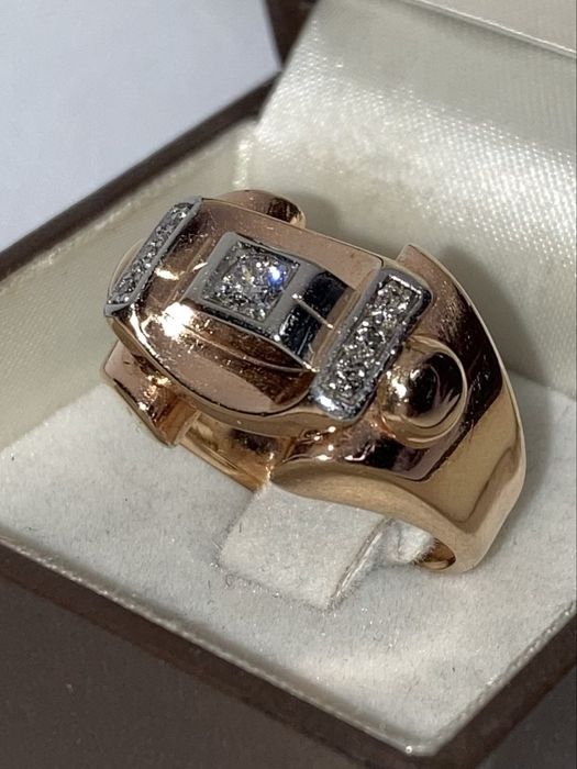 Inel antic Tank aur roz cu diamante