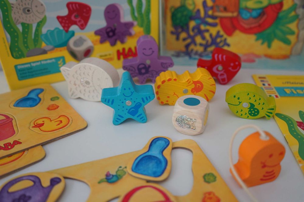 Дървена игра риболов HABA, Германия; мемори карти/сортиране Икеа 2 бр.