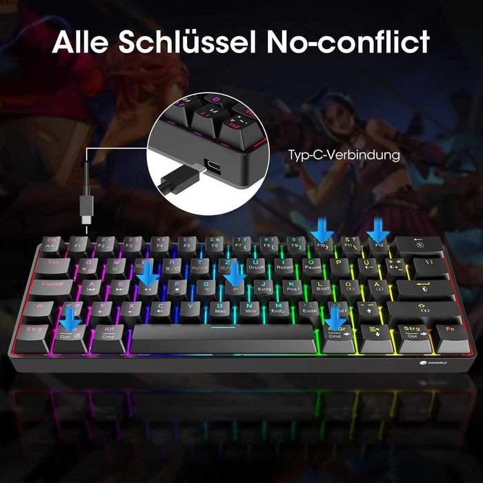 Tastatura mecanica Koorui 60%, QWERTZ, Red Switch, RGB