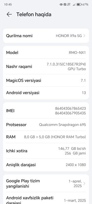 HONOR X9a5G yangi