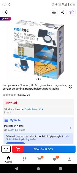 Lampă solară nor-tech  cu magnet senzor de lumina  pentru balcon garaj