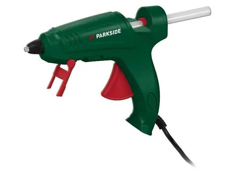Pistol de lipit la cald Parkside, suport rabatabil. timp de incalzire cca 4min-150 grade, putere nominala 25W si 75 W la punerea in functiune