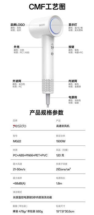 Yesido MG22 Профессиональные Фен отрицательными ионами EN Dyson