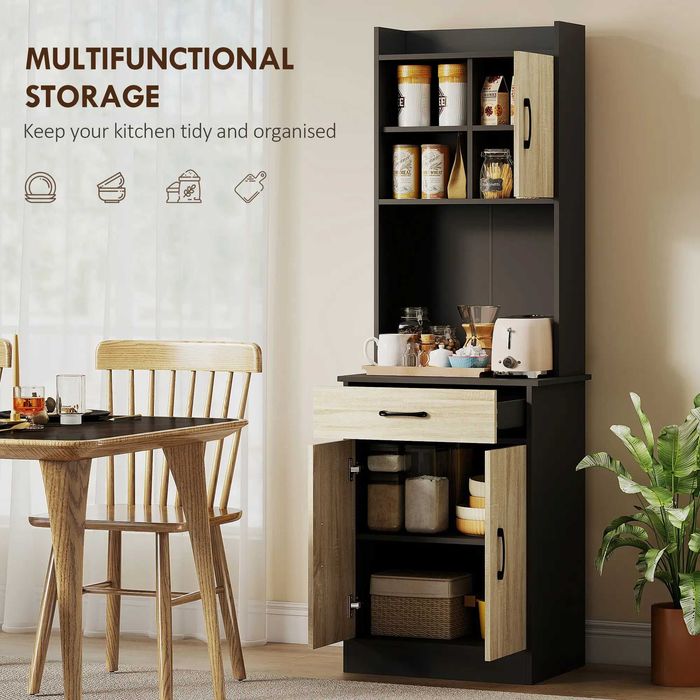 Dulap Bucatarie Modern , Stil Soldat Negru si Lemn , HOMCOM