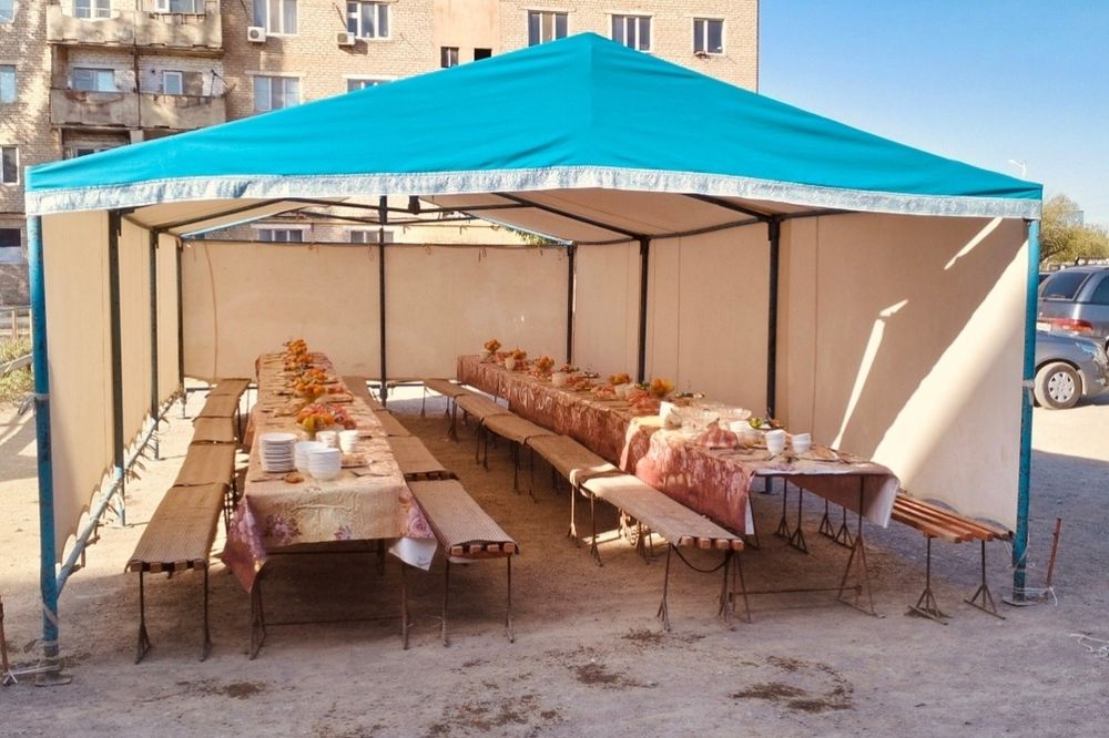 Палатка, Казан ошак, Титан, Ыдыс, Умывальник, Газон, Жерстол