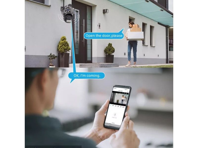 Тройна външна въртяща WiFi AI камера 10MP с три обектива, ICSee, Черна