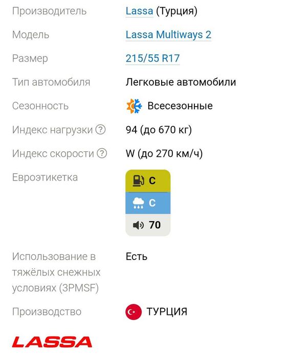 215/55 r17 Lassa Multiways2 (Турция - Bridgestone Sabanci)