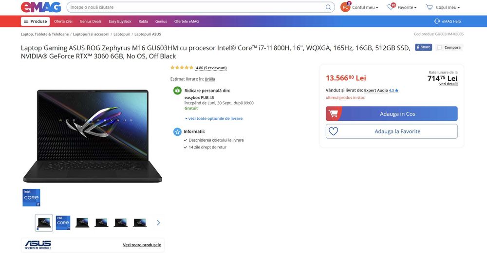 Laptop Gaming ASUS ROG Zephyrus M16 OLED GU603,Intel i9-11900H,Sigilat