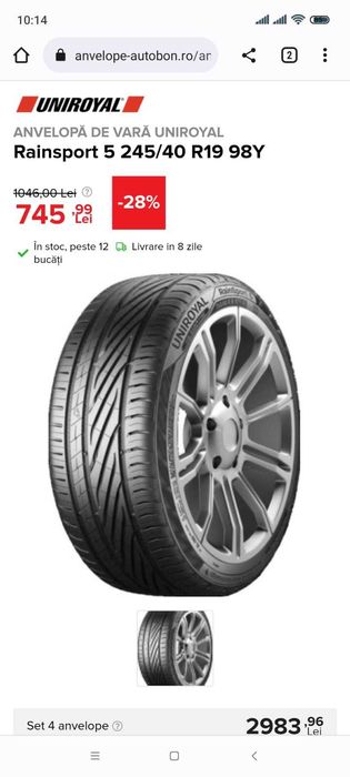 2 ANVELOPE DE VARĂ UNIROYAL - Rainsport 5 245/40 R19 98Y