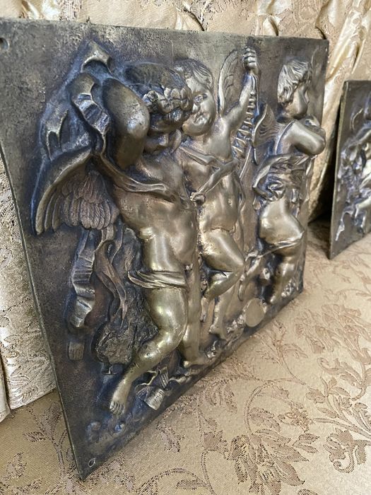 Placa Bronz Masiv Basorelief Ingerasi Amorasi Tablou Vintage Sculptura