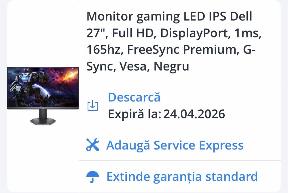 Monitor Gaming Dell 27 , IPS , 165Hz , 1ms , G-Sync , FreeSync