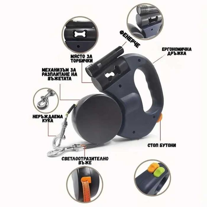 3в1 Автоматичен повод за кучета с фенер и диспенсър