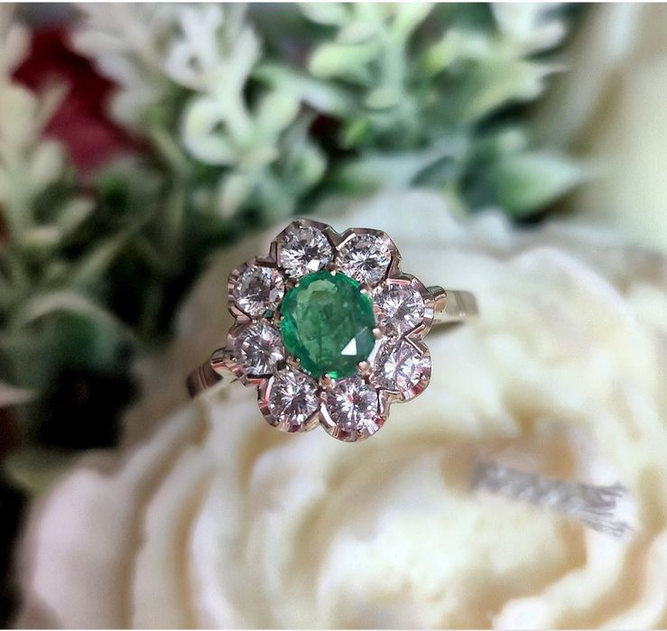 Inel din perioada edwardiana din aur de 14K cu smarald si diamante naturale