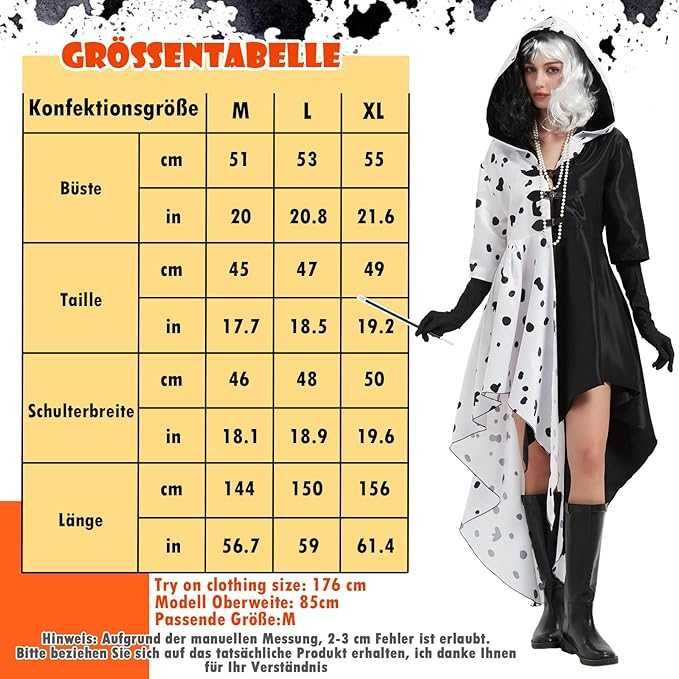 Дамски костюм на Круела Девил,  с рокля, перука, мрежа за коса