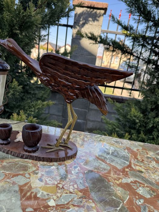 Lampa de birou din lemn sculptat - scrumiera si si suport tutun