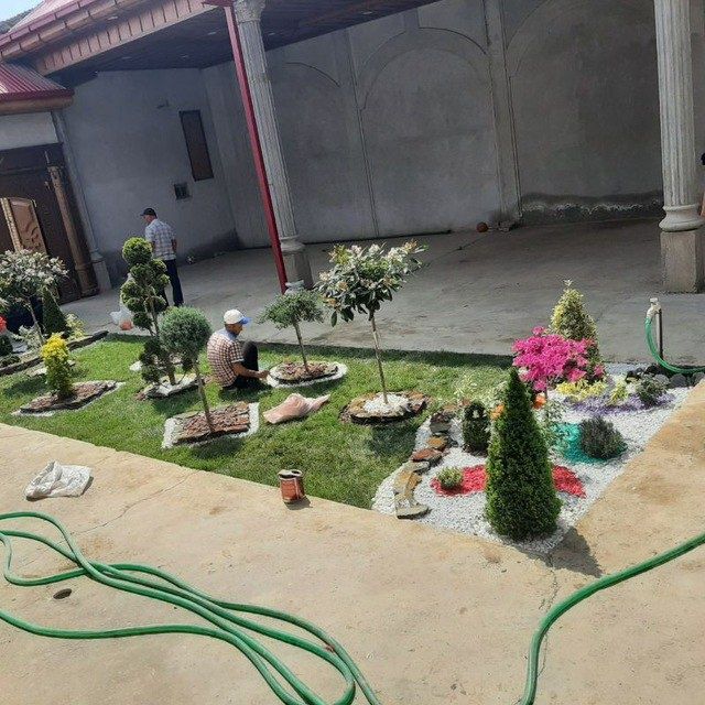 Ландшафт-дизайн, газон екиш ,манзарали гуллар ва арчаларга шакл бериш