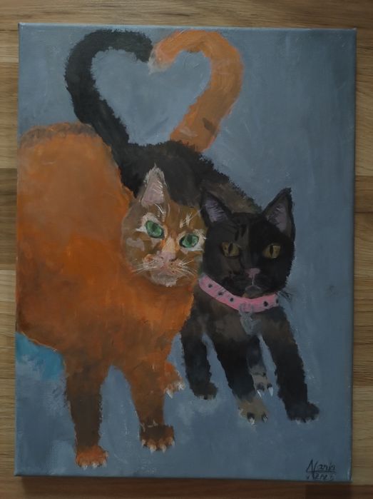 Pictura in acrilic pe pânză 30x40 cu pisici, pictată manual