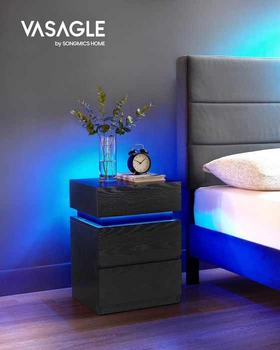 Noptiera cu iluminare LED, Vasagle, 3 sertare, 25 culori, negru