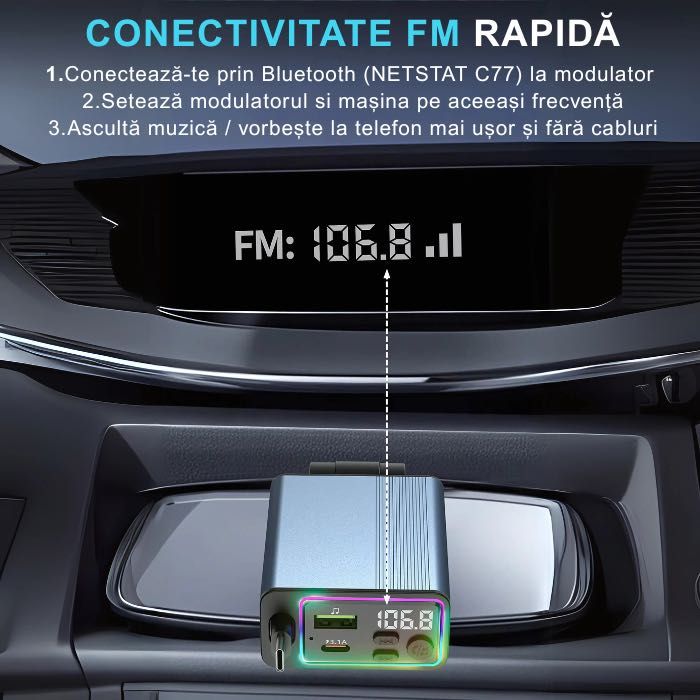 Modulator FM NETSTAT® Bricheta BT 5.3 QC3.0+PD30W Cablu Retractabil