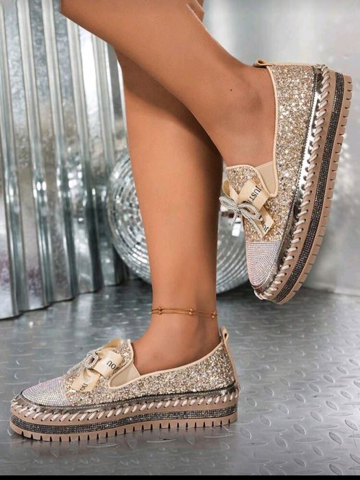 Mocasini/Tenisi de Damă Noi, cu Sclipici și Fundă - Mărimea  39 (38)