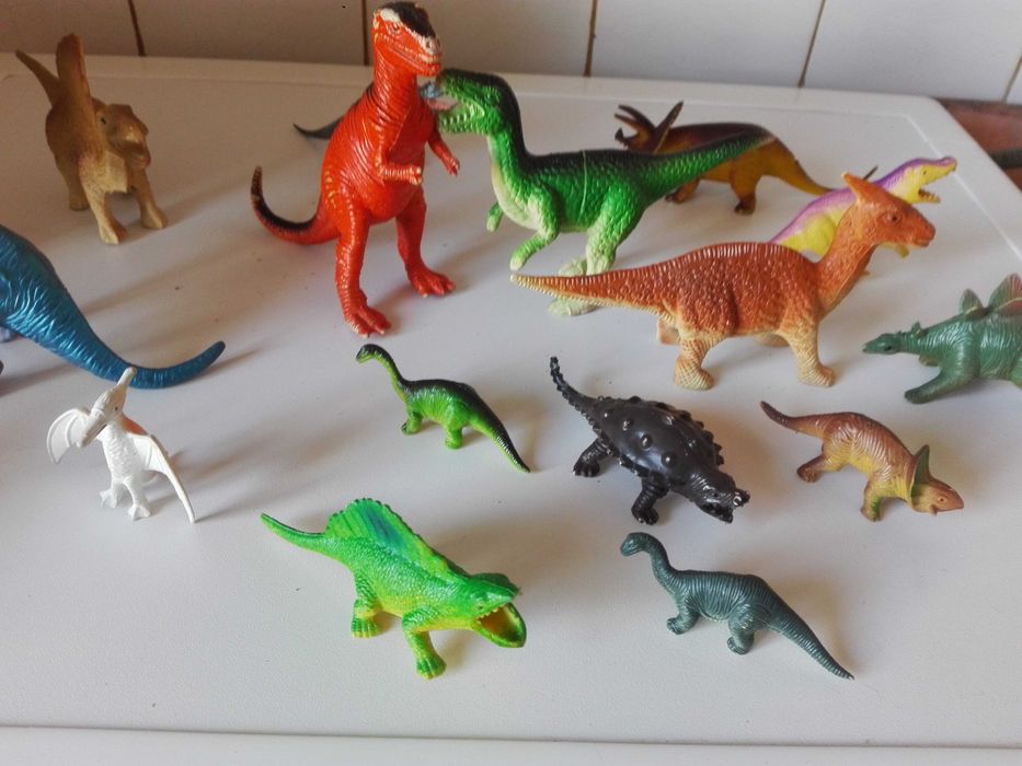 Две стари картини графика , пластмасови животни и ламаринен луноход .