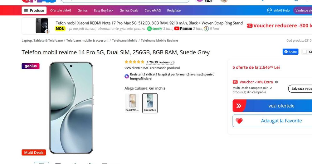 Telefon mobil realme 14 Pro 5G, Dual SIM, 256GB, 8GB RAM, Suede Grey